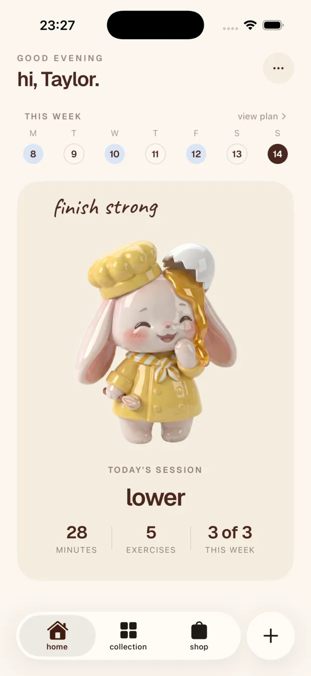 The Yumi app home screen — good evening, hi Taylor; today's session: lower, 28 minutes, 5 exercises, 3 of 3 this week