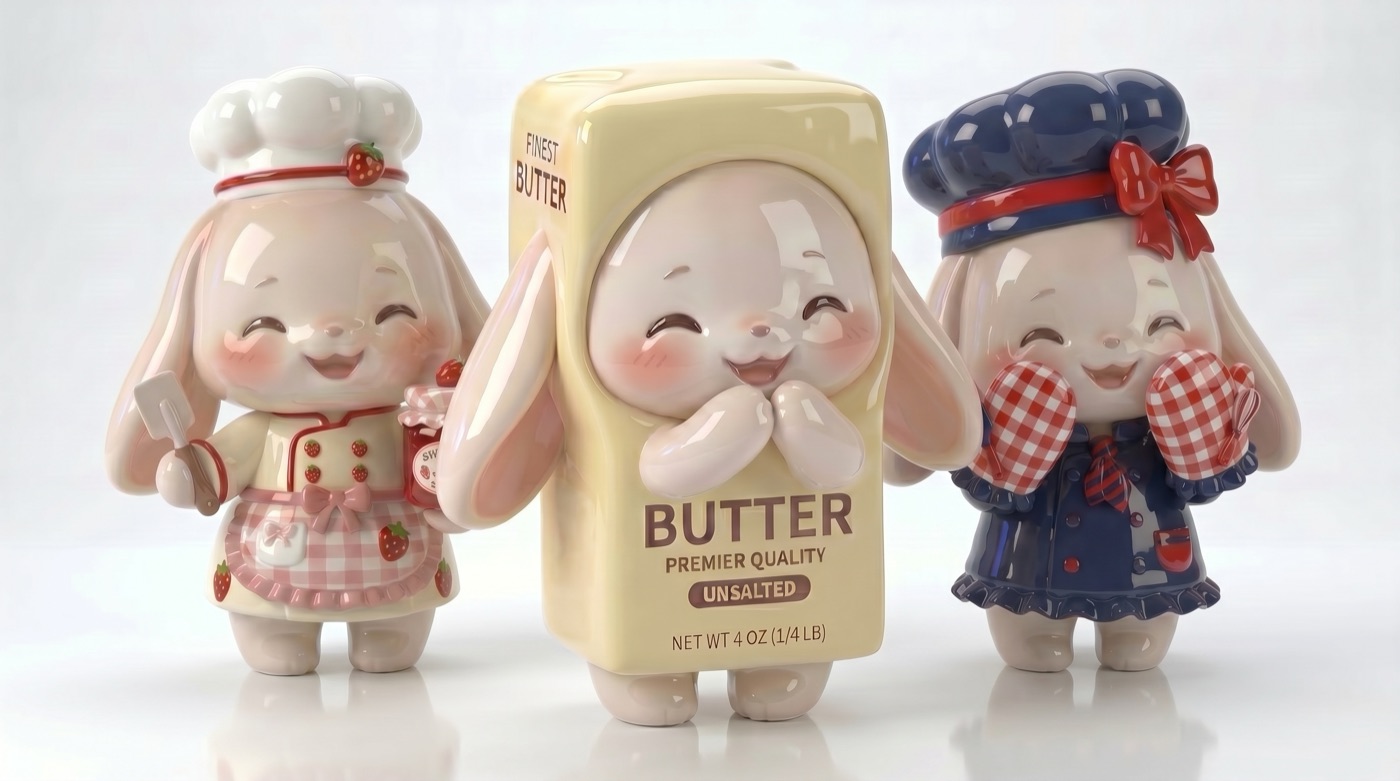Yumi Bakes series — ceramic bunnies dressed as pastries