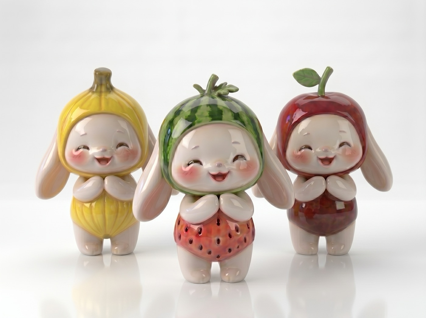 Yumi Fruit series — ceramic bunnies dressed as fruits