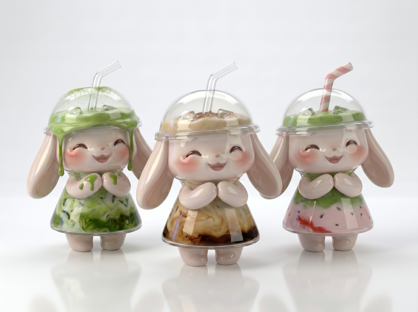 Yumi Sips series — ceramic bunnies with matcha, boba, and lattes