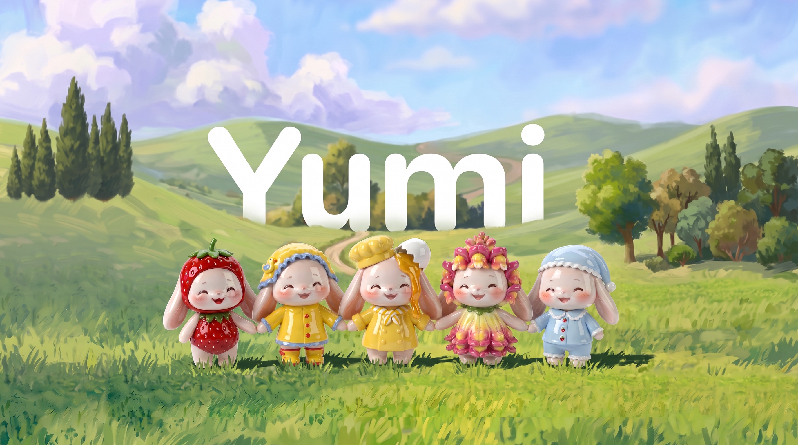 The Yumi ceramic bunny figurines holding hands in a sunny painted meadow, beneath a large Yumi wordmark